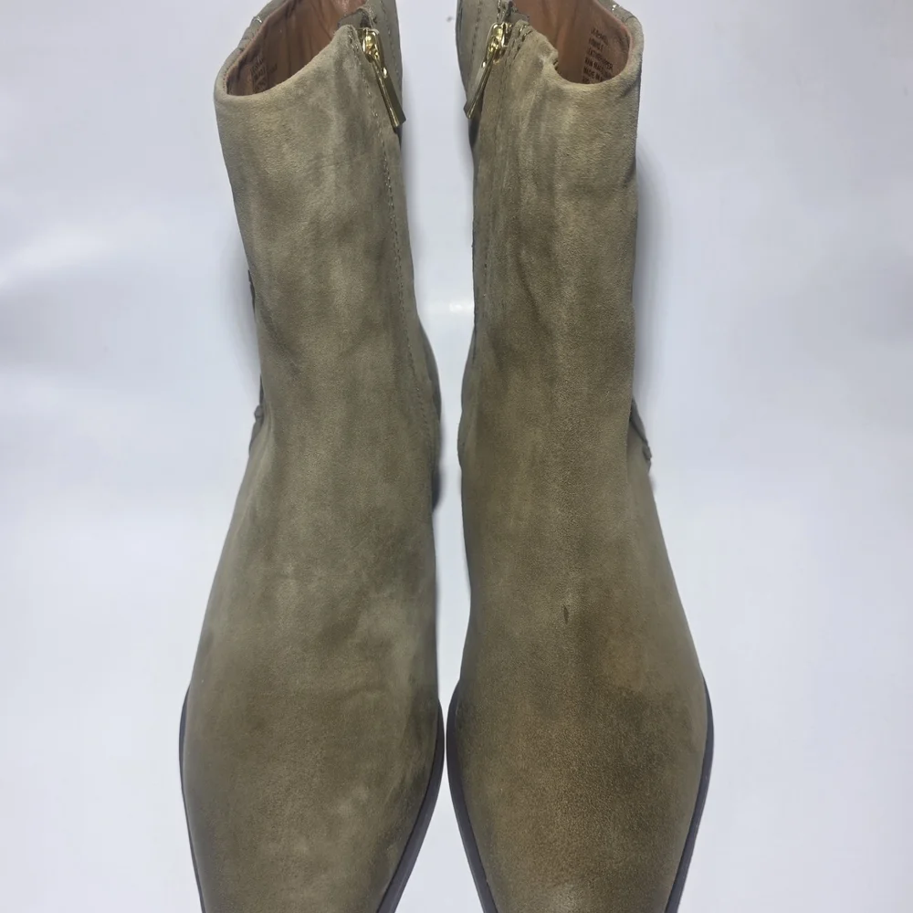 Lucky Brand Women’s Suede Ankle Boots Whipstitch Side Zip Olive Tan Size 9.5 New